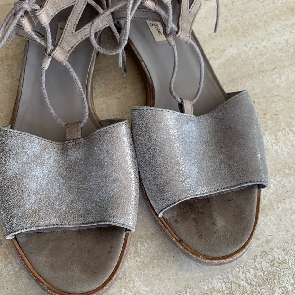 PAUL GREEN flat sandals WOMEN's 10, iridescent tan suede (front), ankle tie. EUC - Picture 4 of 16